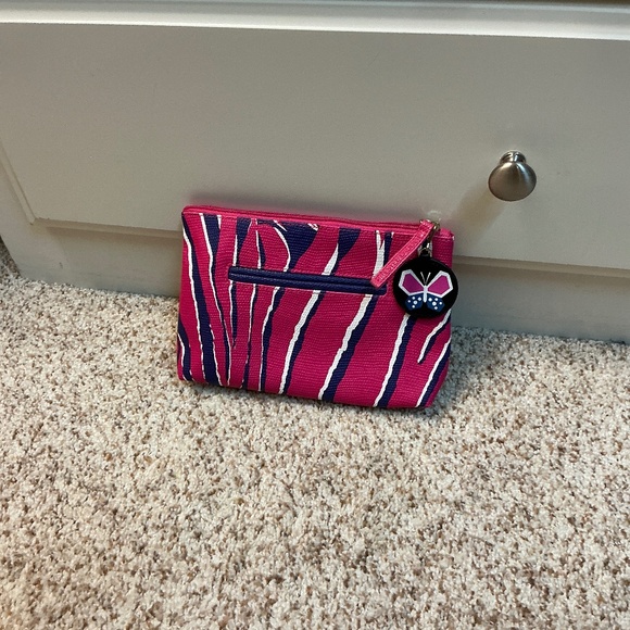 Estée Lauder small pink & blue zebra striped snake skin material makeup bag - Picture 1 of 6